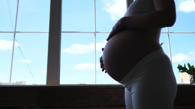 Pregnant Woman Silhouette Standing By The Window With Hands On Her Belly.