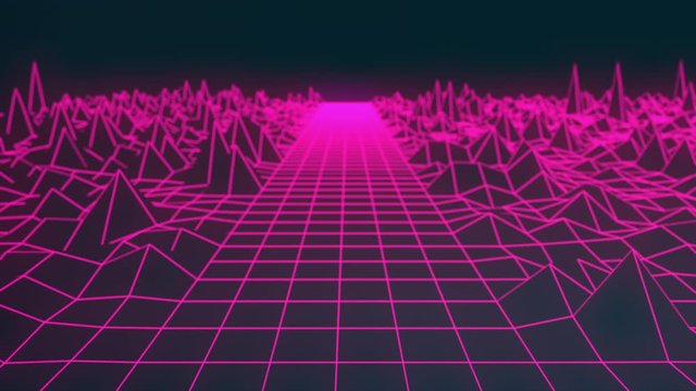 80S Vintage Loop Animation. Retrowave Grid Landscape With Neon Purple Lights.