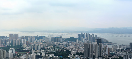 a merged panorama of shekou district cityscape of shenzhen, china