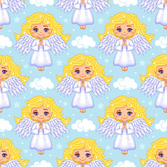 Angel with gold hair and blue wings seamless pattern. Blue Background. Vector Illustration.