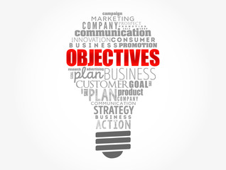 Objectives light bulb word cloud collage, business concept background