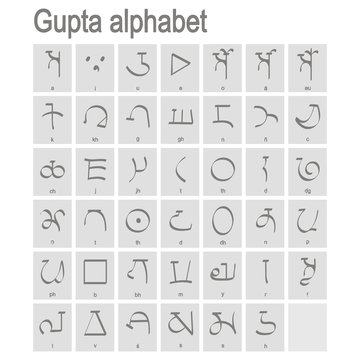 Set of monochrome icons with Gupta alphabet