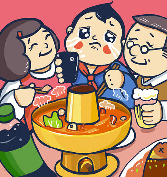 Hot pot, copper pot, mutton, steaming, dishes, gourmet, spicy, Sichuan, stewed, spicy, Chinese, food, winter, winter, winter, boiling, cooked, boiled, cooking, illustration