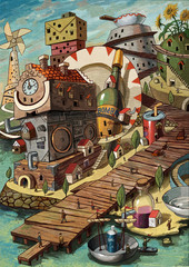 Magic, fantasy, fantasy, dream, dreamland, imagination, fairy tale, myth, children, art, illustration, town, town, house, house, building, coast, port, mooring