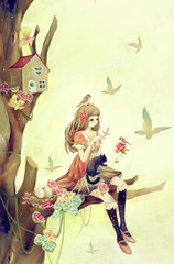 Girl,illustration,fantasy,dream,dreamland,fairy,girl,small fresh,literature,fantasy,tree branch,nest,rose,flower,butterfly,bird,