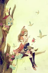 Fototapete Rund Girl,illustration,fantasy,dream,dreamland,fairy,girl,small fresh,literature,fantasy,tree branch,nest,rose,flower,butterfly,bird, © zhenliu