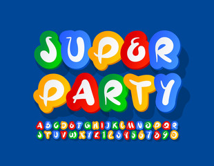 Vector colorful poster Super Party with sticker style Font. Creative bright Alphabet Letters and Numbers