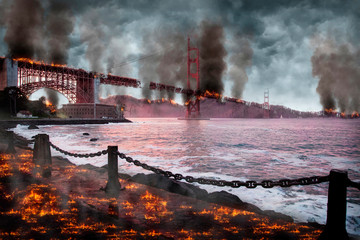 Golden Gate Bridge San Francisco Bay Destroyed and Burning