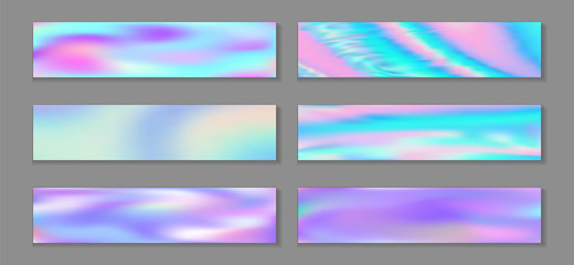 Fototapeta premium Hologram vibrant flyer horizontal fluid gradient princess backgrounds vector set. Iridescent 