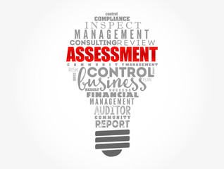 ASSESSMENT light bulb word cloud collage, business concept background