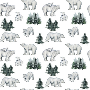 Watercolor seamless pattern with white polar bears