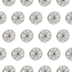 Fototapeta premium Seamless pattern of lemon, itrus, lime. Isolated on white background. Tropical summer fruit. Detailed citrus drawing Great for tea, juice, natural cosmetics. Black sketch. Hand drawn