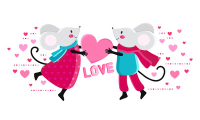 Happy Valentine s day cute card or poster.Two cute mice give each other a pink heart. Funny animal wishes happy Valentine s day. Romantic Declaration of love. cartoon romantic illustration