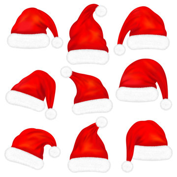 Set of red santa claus hats with fur isolated on white background. Vector illustration
