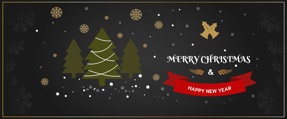 Merry Christmas and Happy New Year banner design with Christmas tree and snowflakes on night sky background.