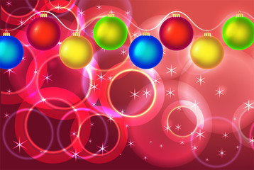 Luminous garland of colorful balloons on a red background with transparent circles, place for text