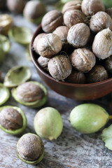 Walnuts. Walnut leaves Harvest walnuts.