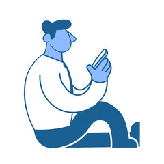 Young man in green sweater sitting on the floor with his smartphone leaning against the wall. Freelancing and digital marketing, social media. Flat vector illustration. Isolated on white background.