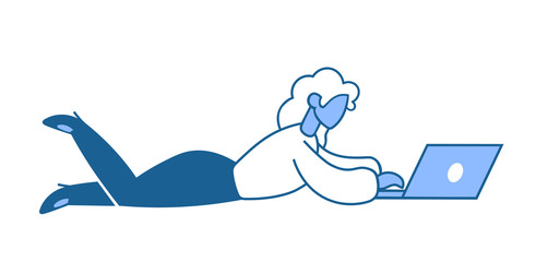 Young woman lying down while using a laptop computer. Colorful flat vector illustration. Isolated on white background.