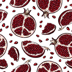 Pomegranate seamless pattern. Vector drawing. Hand drawn tropical fruit background.
