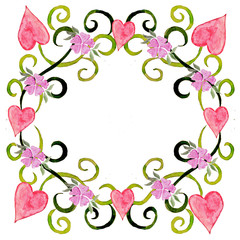 Watercolor Valentine card frame with hearts and flowers.