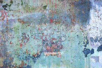 Old, distressed, paint work, blue, flaky, peeling, layers, vintage.