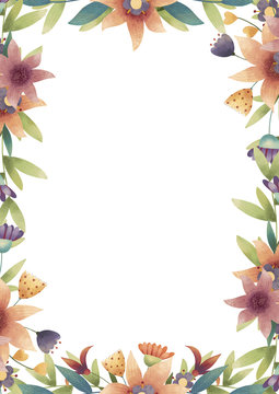Summer, spring, easter, birthday or wedding rectangle frame with flowers, leaves and branches. Hand drawn illustration.