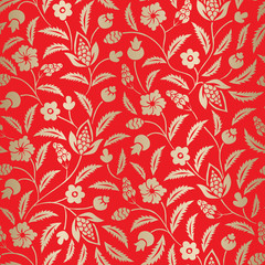 Goud folie traditionele Chintz Floral Vector naadloze patroon op rode achtergrond. Klassieke achtergrond