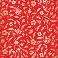  Goud folie traditionele Chintz Floral Vector naadloze patroon op rode achtergrond. Klassieke achtergrond © Anna Putina