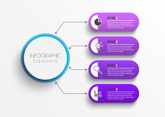 Flowchart with 4 round paper white elements connected to main circle. Concept of four main business goals of company. Modern infographic design layout. Flat vector illustration for brochure, report.