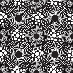 Monochrome four petal flower line drawing seamless vector pattern.