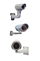 Three modern video cameras to track the situation at the object on a white background. Vertically