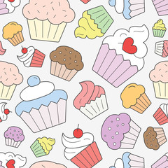 Cupcake background - Vector color seamless pattern of sweet, dessert, muffin, cake and snack for graphic design