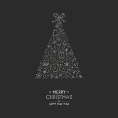 Christmas tree with festive elements and wishes. Xmas greeting card. Vector