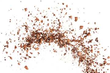 Coffee bean splash broken craked crushed isolated on white background top view food object design