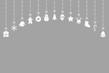 Christmas decoration. Simple icons on silver background with copyspace. Vector