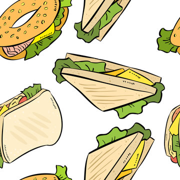 Sandwich and bagle doodles cute seamless pattern. Vector print template texture background tile