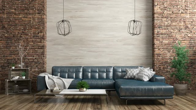 Modern interior of loft apartment. Living room with blue shabby leather sofa over wooden and brick wall. Home design. 3d animation rendering