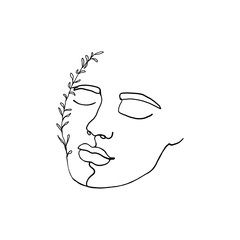 Continuous line, drawing of woman face with leaves, fashion concept, woman beauty minimalist with doodle Abstract floral elements. One line continuous drawing. vector illustration