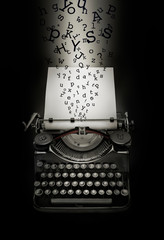 Fantasy recreation of letters falling down on typewriter and blank page