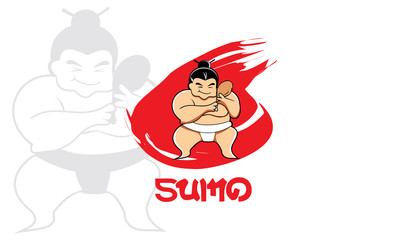 A funny sumo wrestler. eating a chicken Vector cartoon illustration arranged isolated on white. Big Asian guy who is funny and smiling.