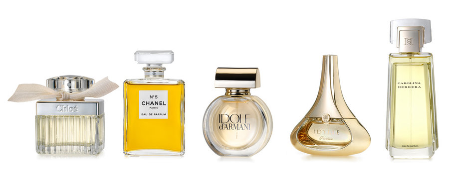 Barcelona-Spain- October 2014: Luxury fine fragrances for woman. Fine and luxury brands: CHLOE, CHANEL Number 5, IDOLE by Armani, IDYLLE by Guerlain, CAROLINA HERRERA