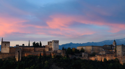 Fototapeta na wymiar Panoramic view sunset sky scene at Ancient arabic fortress Alhambra, Granada, Spain, European travel landmark