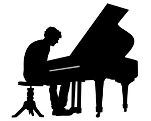 Musician is sitting at piano on stage. Isolated silhouette on a white background