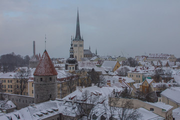 View of the historic Old Town of Tallinn in winter. Estonia