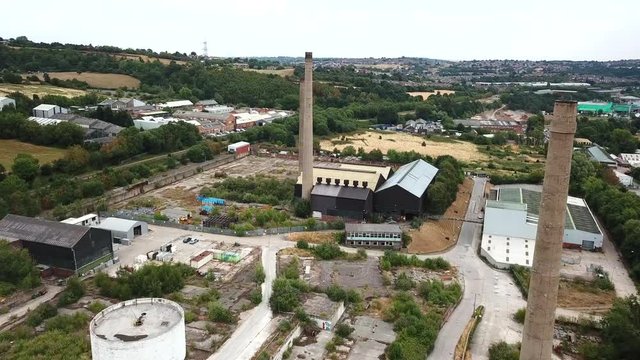 Aerial drone shot over an abandoned factory,