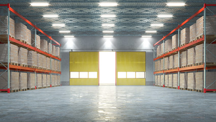 Hangar storeage with open gate. 3d illustration