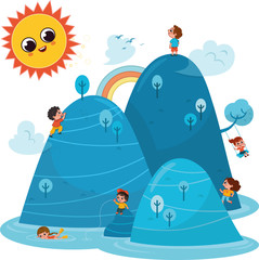 Happy Active Children. Happy children are playing in the nature. Vector illustration.