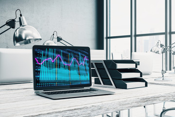 Cabinet desktop interior with financial charts and graphs on computer screen. Concept of stock market analysis and trading. 3d rendering.