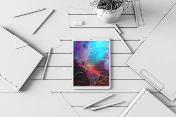 Digital tablet closeup top view with financial graph and partial world map on screen. Online international trading application concept. 3d rendering.